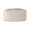 A cream-coloured travel bag with a zip closure and a top handle for easy carrying. Features a subtle logo.