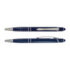 A blue aluminium pen with a silver clip and textured grip, featuring a logo on its body.