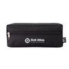 A black rectangular pouch with a zip closure and a branding logo on the front.