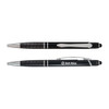 A set of black pens with chrome accents, featuring a textured grip and a logo on one pen.