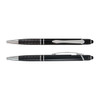 A black aluminium pen with chrome accents, featuring a textured grip and a clip. It includes a branding logo.