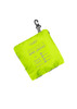 A packable rain jacket in bright yellow, featuring a logo and a clip for easy attachment.