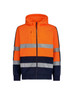 A unisex hi-vis full zip hoodie in bright orange and navy, featuring reflective tape stripes and a hood.
