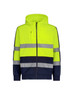 A unisex high visibility full zip hoodie in bright yellow with navy accents and reflective stripes. Features a hood and a logo.