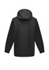 A black unisex softshell jacket with a hood, featuring long sleeves and a sleek design. It has a logo on the back.
