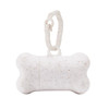 A white, speckled, bone-shaped container with a loop for attachment. Suitable for pet accessories.