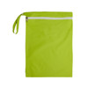 A lime green zippered bag with a handle, featuring a white zipper across the top. It has a smooth fabric finish.