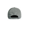 A grey perforated cap featuring a snapback closure and a logo on the back.