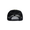 A black mesh cap with a camouflage pattern on the front, featuring an adjustable strap at the back.