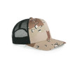 A mesh cap in shades of camo and black, featuring a contrasting back panel and a curved brim.