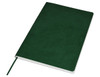 A green A5 notebook with a smooth cover and a ribbon bookmark, featuring a simple design and no visible branding.