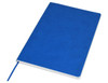 A blue A5 notebook with a textured cover and a ribbon bookmark, featuring a logo on the front.