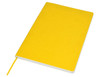 A yellow A5 notebook with a smooth cover, featuring a ribbon bookmark and a white spine.