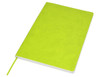 A bright green A5 notebook with a plain cover and a matching ribbon bookmark. It features a branding logo.