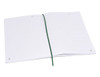 A blank A5 notebook with lined pages, featuring a green elastic closure. It has a simple design with no visible branding.
