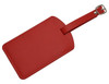 A red luggage tag with a buckle strap, featuring a smooth surface and an attached loop for easy attachment.
