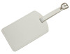 A white luggage tag with a buckle strap, featuring a smooth surface and an attached metal buckle.