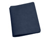 A navy blue passport wallet with a textured surface, featuring stitching and a logo on the front.