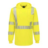 A bright yellow lightweight hooded T-shirt with reflective stripes and a pocket. It has a hood and long sleeves.