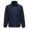 A navy Aran fleece jumper with a full zip and side pockets, featuring a collar and a logo.