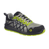 A black and lime safety shoe with a breathable upper and a sturdy sole, featuring a logo on the side.