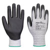 A pair of black and grey gloves with a textured grip and a logo, featuring a grey knit wrist.