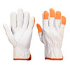 Orange Tip driver gloves featuring white synthetic material and orange accents, displayed in an open position.