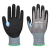 Black and grey nitrile gloves featuring a textured grip and a blue accent, with a logo on the wrist area.