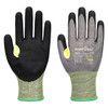 A pair of nitrile gloves featuring a black palm and grey fabric, with yellow accents and a logo.