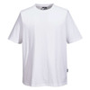 A white short-sleeved cotton t-shirt with a relaxed fit and a logo on the side.
