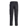 Black eco-stretch trade pants featuring multiple pockets and a belt loop. The pants have a branded logo on them.