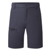 Navy shorts featuring a zippered pocket and a waistband with a button closure. Includes a logo.