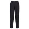 A pair of black women's stretch work pants with a zippered pocket and reinforced knee areas. Includes branding.