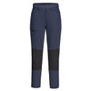 A pair of women's stretch work pants in navy blue with black panel accents and a zippered pocket.