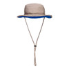 A beige hat with a blue inner lining and a chin strap. It has a wide brim for sun protection.