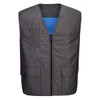 A grey cooling vest with a blue interior, featuring pockets and a front zip closure. It has a logo on it.