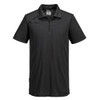 A black short-sleeve polo shirt with a zip collar, featuring a logo on the chest.