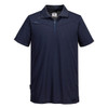 A navy blue short-sleeved polo shirt featuring a zip collar and a logo on the chest.