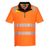 Hi-vis short-sleeve polo shirt in orange with reflective stripes and a black collar. Features a logo branding.