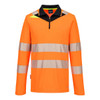 A long-sleeve polo shirt in bright orange with reflective stripes and a black collar. Includes a logo.