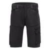 Black trade shorts featuring multiple pockets and a zip closure, designed for practicality and comfort.
