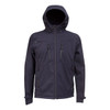 A navy softshell jacket with a hood, featuring zippered pockets and a sleek design. It has a logo on the front.