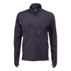 A dark navy lightweight mid-layer jacket with zip pockets and a collar. It features a logo on the upper section.