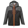 A black and grey shell jacket with an orange zipper and accents, featuring a hood and multiple pockets.