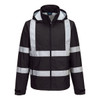 A black lightweight packable jacket with reflective stripes and a hood. It features a logo on the front.