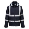A lightweight, packable rain jacket in navy with reflective stripes and a hood, featuring a logo.