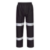 Black lightweight packable trousers with reflective white stripes and an elastic waistband. Features a logo.