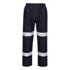 Navy lightweight packable trousers with reflective white stripes and an elasticated waistband. Branding is visible on the garment.