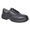 A black leather low shoe with a moulded rubber sole and laces, featuring a textured design and a grey interior.