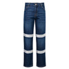 A pair of blue denim jeans featuring white reflective strips and a standard five-pocket design.